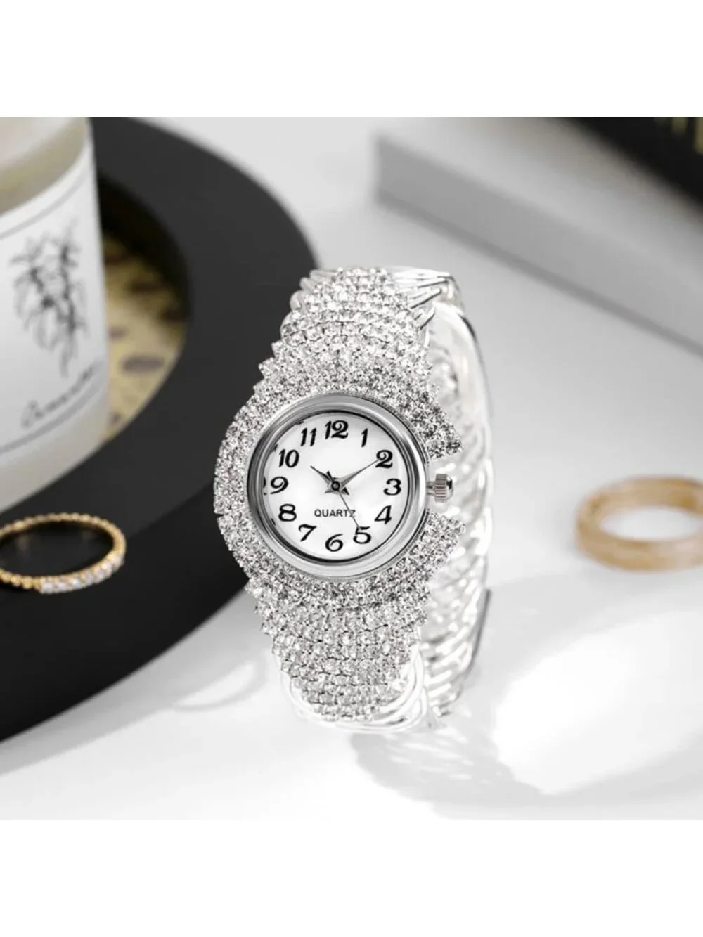 Women's Silver Elegant Crystal Bangle Bracelet Round Dial Analog Quartz Watch